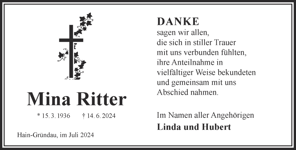  Traueranzeige für Mina Ritter vom 27.07.2024 aus Gelnhäuser Neue Zeitung