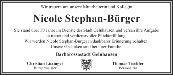 Traueranzeige von Nicole Stephan-Bürger von Gelnhäuser Neue Zeitung