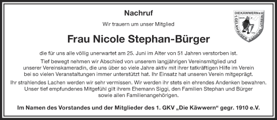 Traueranzeige von Nicole Stephan-Bürger von Gelnhäuser Neue Zeitung