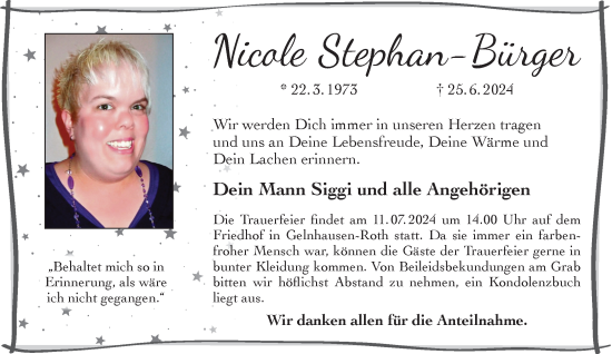 Traueranzeige von Nicole Stephan-Bürger von Gelnhäuser Neue Zeitung