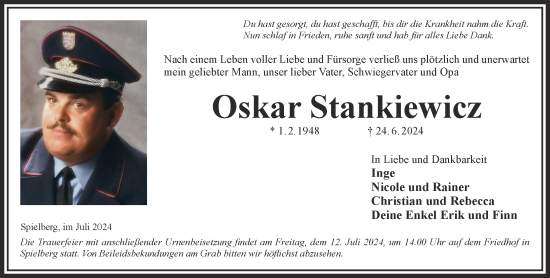 Traueranzeige von Oskar Stankiewicz von Gelnhäuser Neue Zeitung