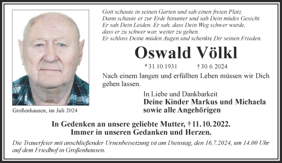 Traueranzeige von Oswald Völkl von Gelnhäuser Neue Zeitung