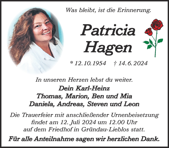 Traueranzeige von Patricia Hagen von Gelnhäuser Neue Zeitung
