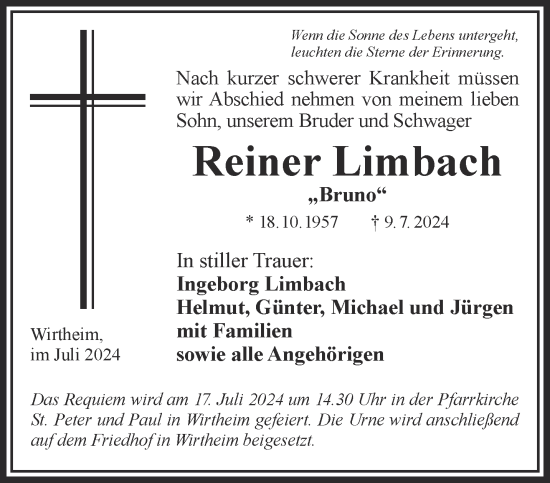 Traueranzeige von Reiner Limbach von Gelnhäuser Neue Zeitung