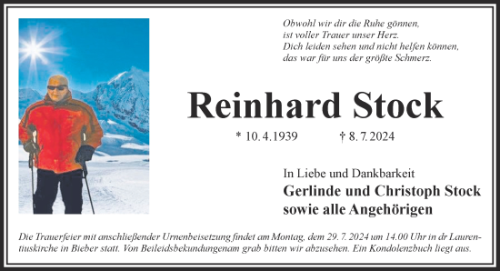 Traueranzeige von Reinhard Stock von Gelnhäuser Neue Zeitung