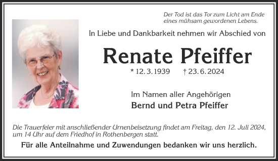 Traueranzeige von Renate Pfeiffer von Gelnhäuser Neue Zeitung