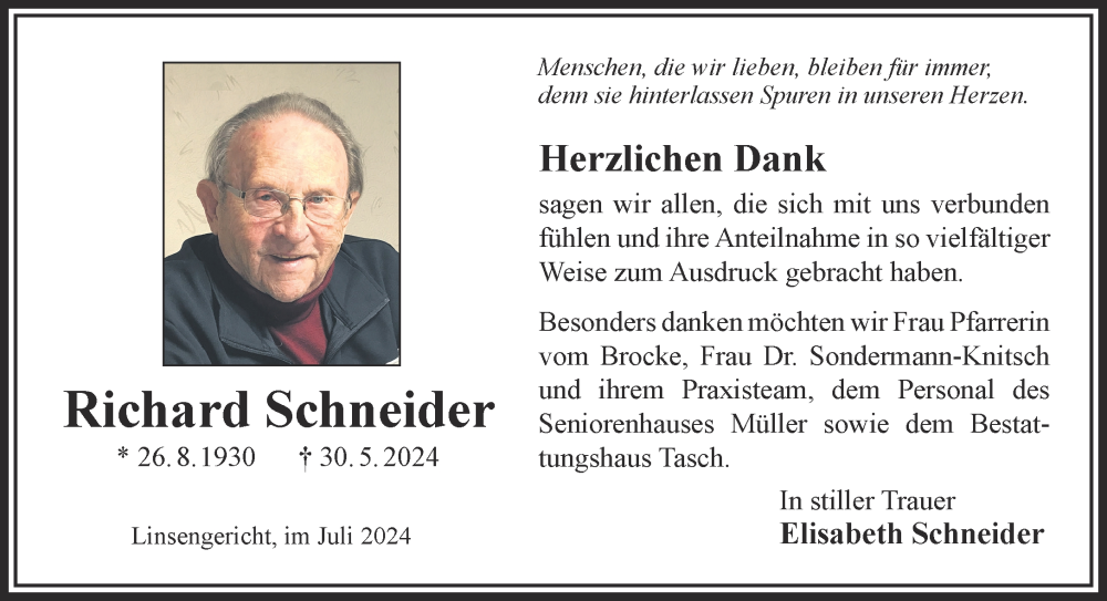  Traueranzeige für Richard Schneider vom 06.07.2024 aus Gelnhäuser Neue Zeitung