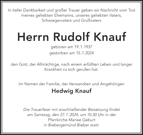 Traueranzeige von Rudolf Knauf von Gelnhäuser Neue Zeitung