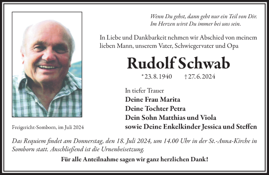 Traueranzeige von Rudolf Schwab von Gelnhäuser Neue Zeitung