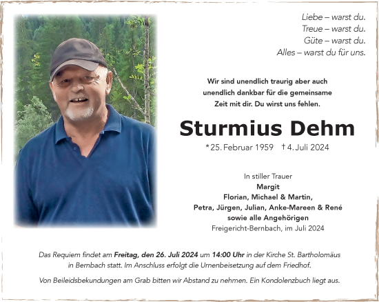 Traueranzeige von Sturmius Dehm von Gelnhäuser Neue Zeitung