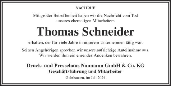 Traueranzeige von Thomas Schneider von Gelnhäuser Neue Zeitung
