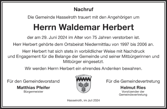 Traueranzeige von Waldemar Herbert von Gelnhäuser Neue Zeitung
