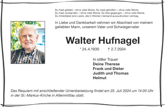 Traueranzeige von Walter Hufnagel von Gelnhäuser Neue Zeitung