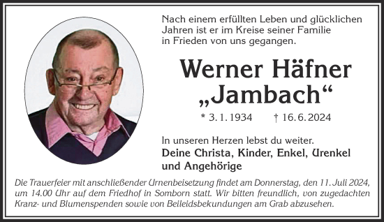 Traueranzeige von Werner Häfner von Gelnhäuser Neue Zeitung