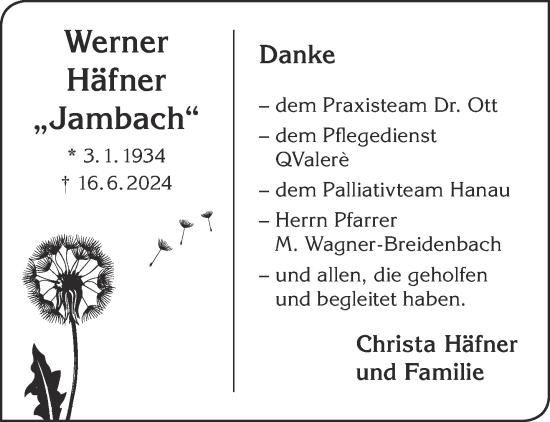 Traueranzeige von Werner Häfner von Gelnhäuser Neue Zeitung