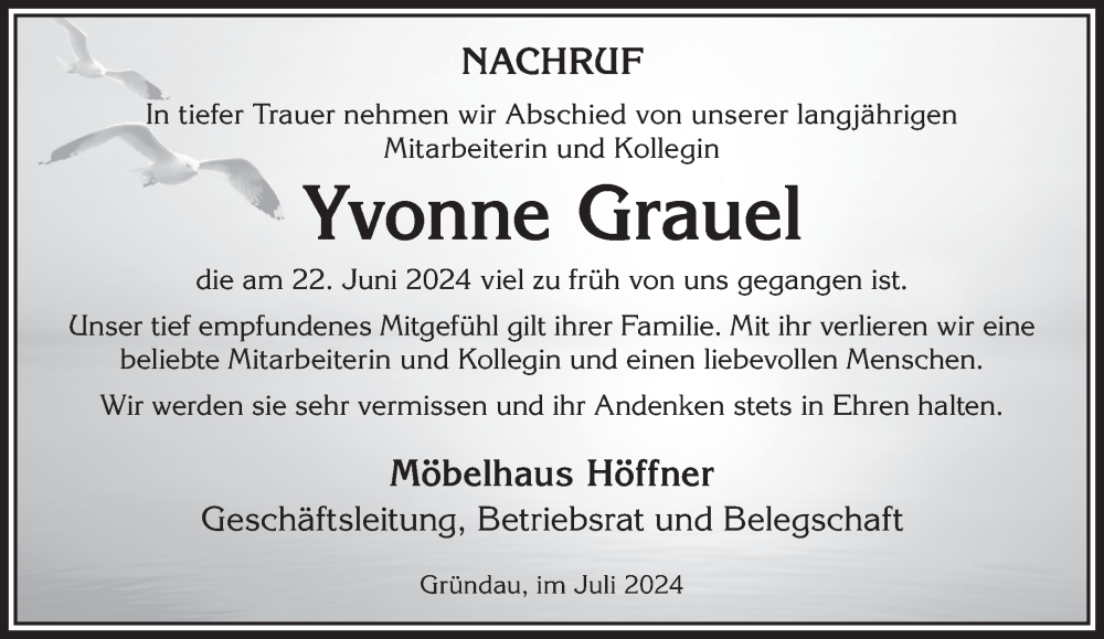  Traueranzeige für Yvonne Grauei vom 06.07.2024 aus Mittelhessen-Bote