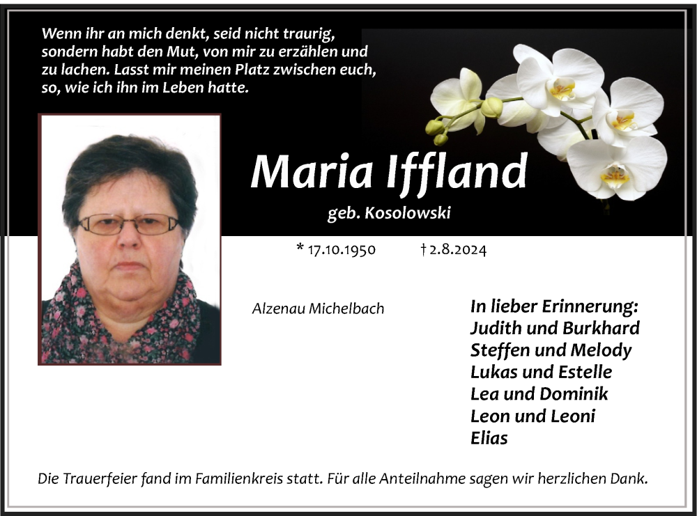  Traueranzeige für Maria Iffland vom 10.08.2024 aus Gelnhäuser Neue Zeitung