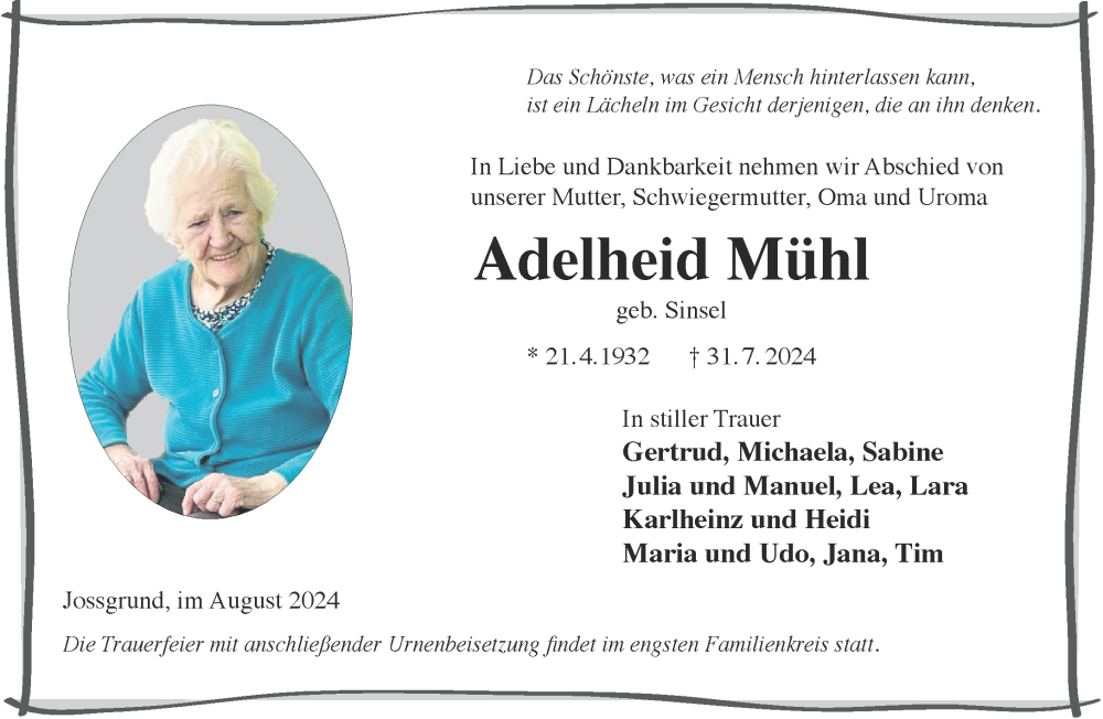  Traueranzeige für Adelheid Mühl vom 10.08.2024 aus Mittelhessen-Bote