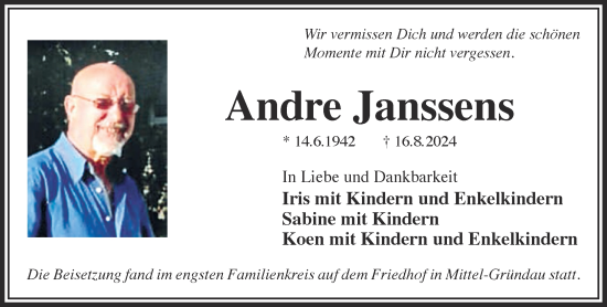 Traueranzeige von Andre Janssens von Gelnhäuser Neue Zeitung