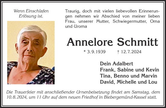 Traueranzeige von Annelore Schmitt von Mittelhessen-Bote