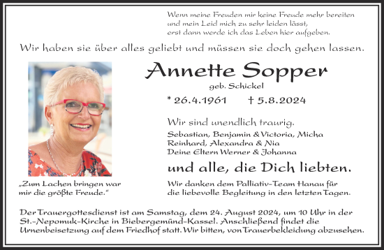 Traueranzeige von Annette Sopper von Gelnhäuser Neue Zeitung