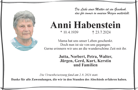 Traueranzeige von Anni Habenstein von Mittelhessen-Bote