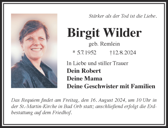Traueranzeige von Birgit Wilder von Gelnhäuser Neue Zeitung