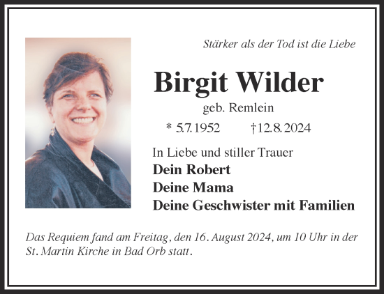 Traueranzeige von Birgit Wilder von Mittelhessen-Bote