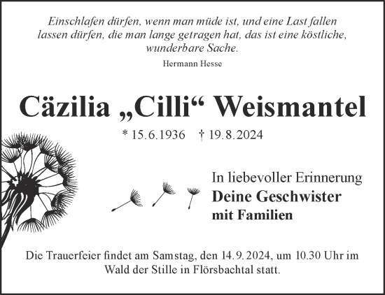Traueranzeige von Cäzilia Weismantel von Gelnhäuser Neue Zeitung