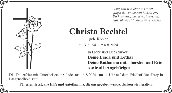 Traueranzeige von Christa Bechtel von Gelnhäuser Neue Zeitung