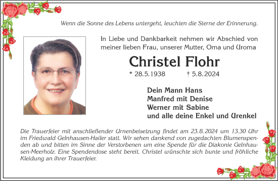 Traueranzeige von Christel Flohr von Gelnhäuser Neue Zeitung