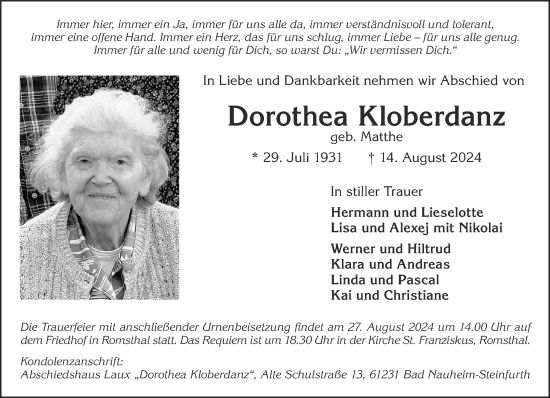 Traueranzeige von Dorothea Kloberdanz von Mittelhessen-Bote
