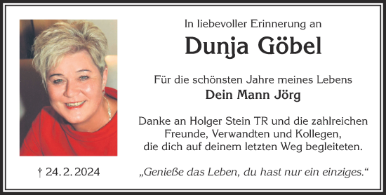 Traueranzeige von Dunja Göbel von Gelnhäuser Neue Zeitung
