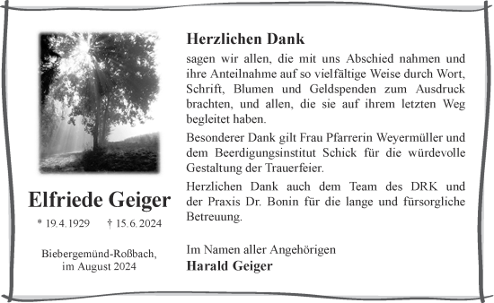 Traueranzeige von Elfriede Geiger von Gelnhäuser Neue Zeitung