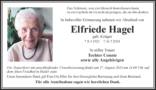 Traueranzeige von Elfriede Hagel von Gelnhäuser Neue Zeitung