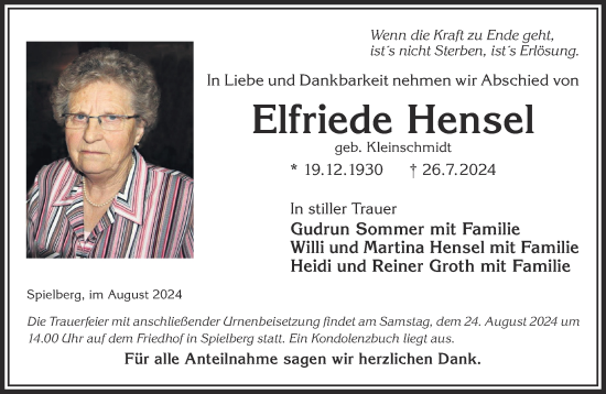 Traueranzeige von Elfriede Hensel von Mittelhessen-Bote