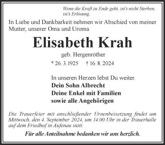 Traueranzeige von Elisabeth Krah von Gelnhäuser Neue Zeitung