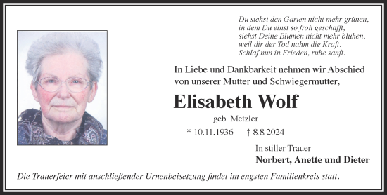 Traueranzeige von Elisabeth Wolf von Gelnhäuser Neue Zeitung