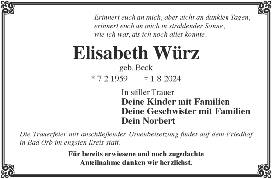 Traueranzeige von Elisabeth Würz von Gelnhäuser Neue Zeitung