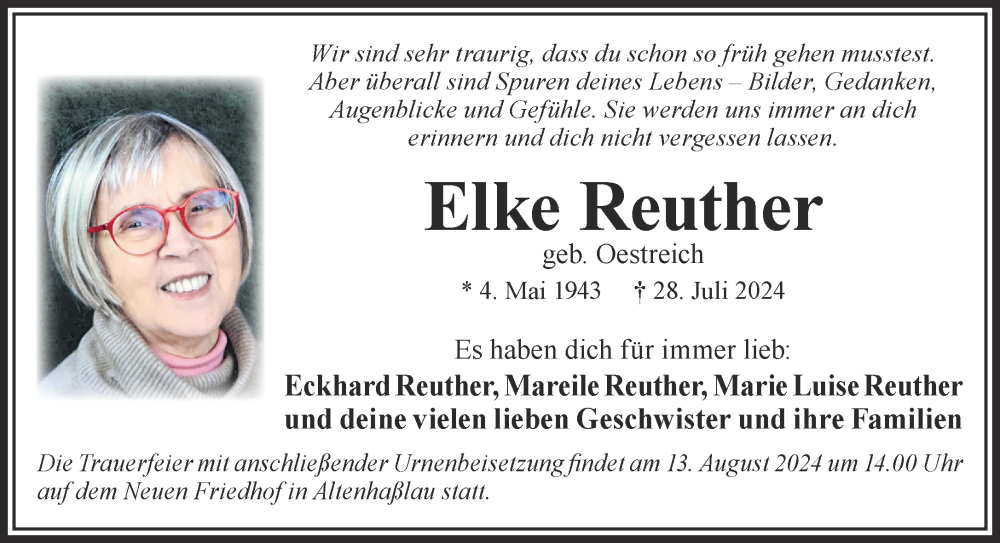  Traueranzeige für Elke Reuther vom 10.08.2024 aus Gelnhäuser Neue Zeitung