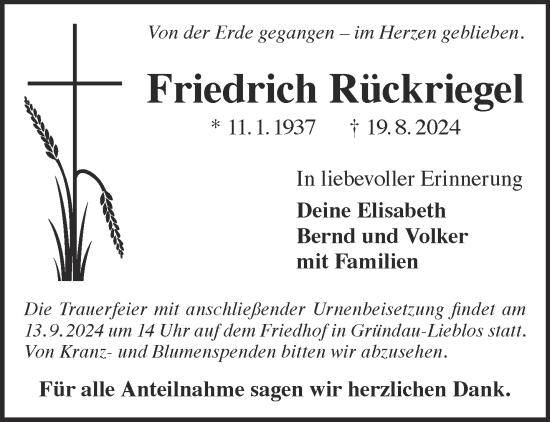 Traueranzeige von Friedrich Rückriegel von Gelnhäuser Neue Zeitung