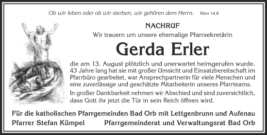 Traueranzeige von Gerda Erler von Gelnhäuser Neue Zeitung