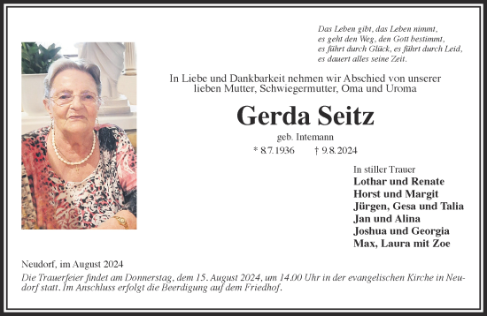Traueranzeige von Gerda Seitz von Mittelhessen-Bote
