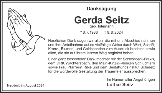 Traueranzeige von Gerda Seitz von Mittelhessen-Bote