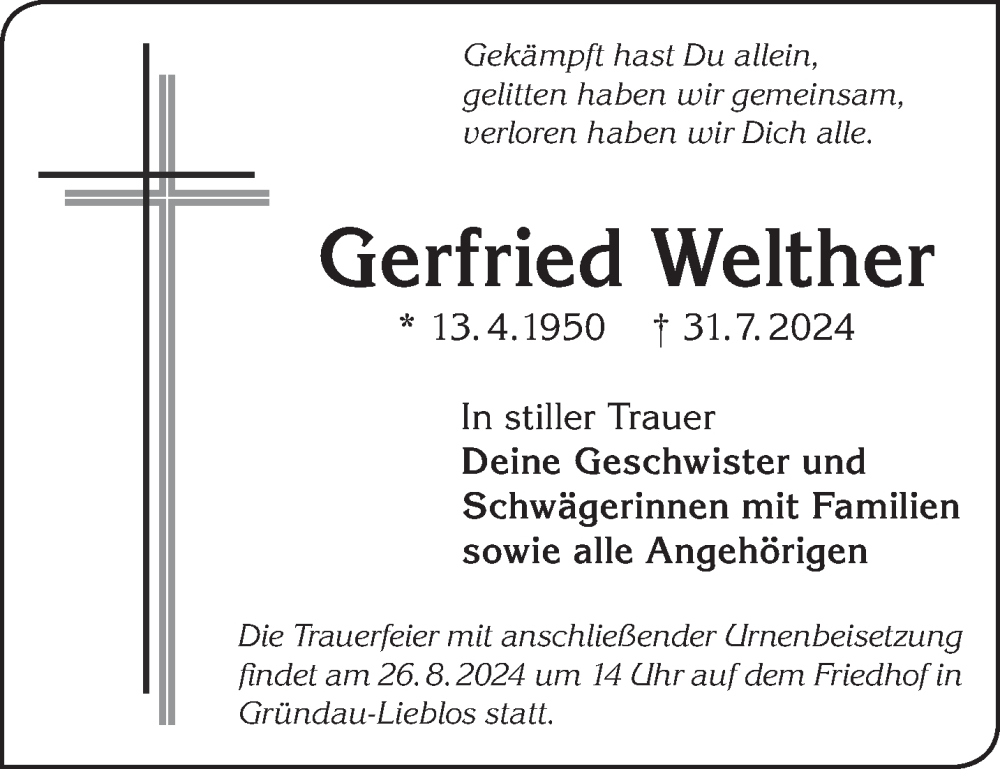  Traueranzeige für Gerfried Welther vom 24.08.2024 aus Mittelhessen-Bote