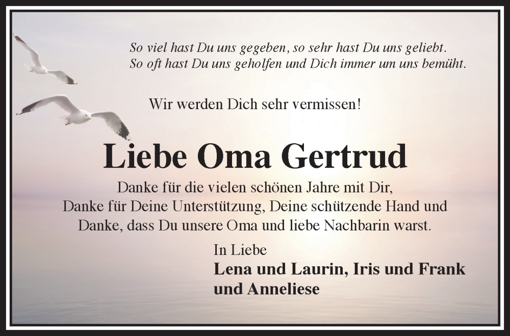  Traueranzeige für Gertrud  vom 19.08.2024 aus Gelnhäuser Neue Zeitung