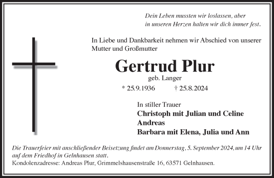 Traueranzeige von Gertrud Plur von Gelnhäuser Neue Zeitung