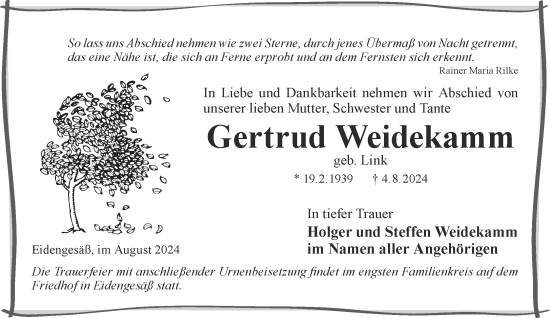 Traueranzeige von Gertrud Weidekamm von Mittelhessen-Bote