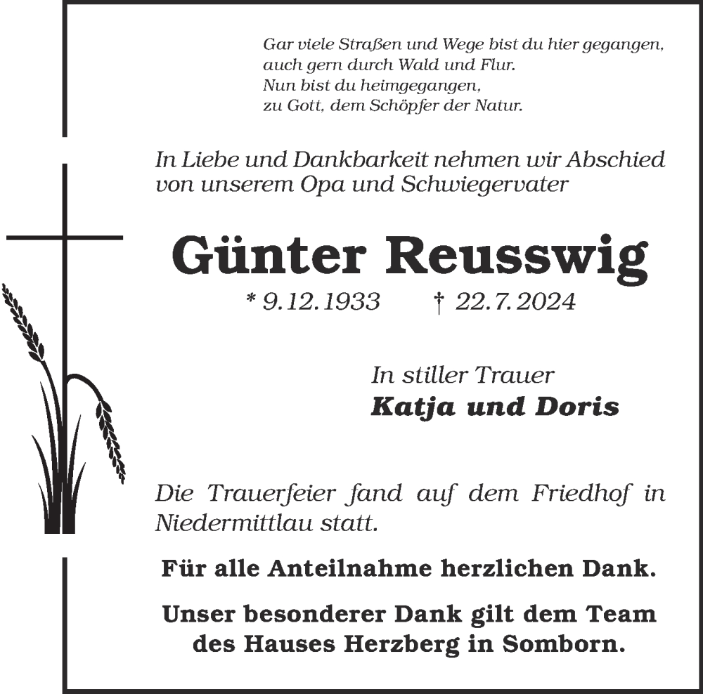  Traueranzeige für Günter Reusswig vom 03.08.2024 aus Mittelhessen-Bote