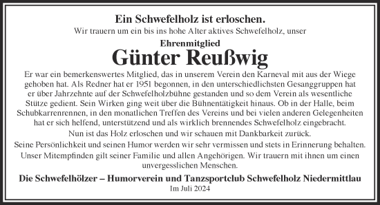 Traueranzeige von Günter Reußwig von Gelnhäuser Neue Zeitung